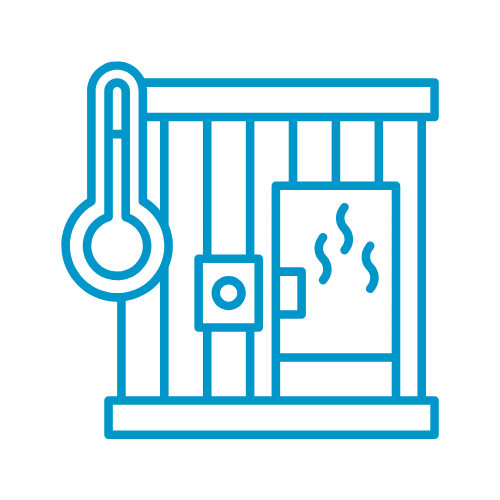 a sauna with a thermostat and steam.