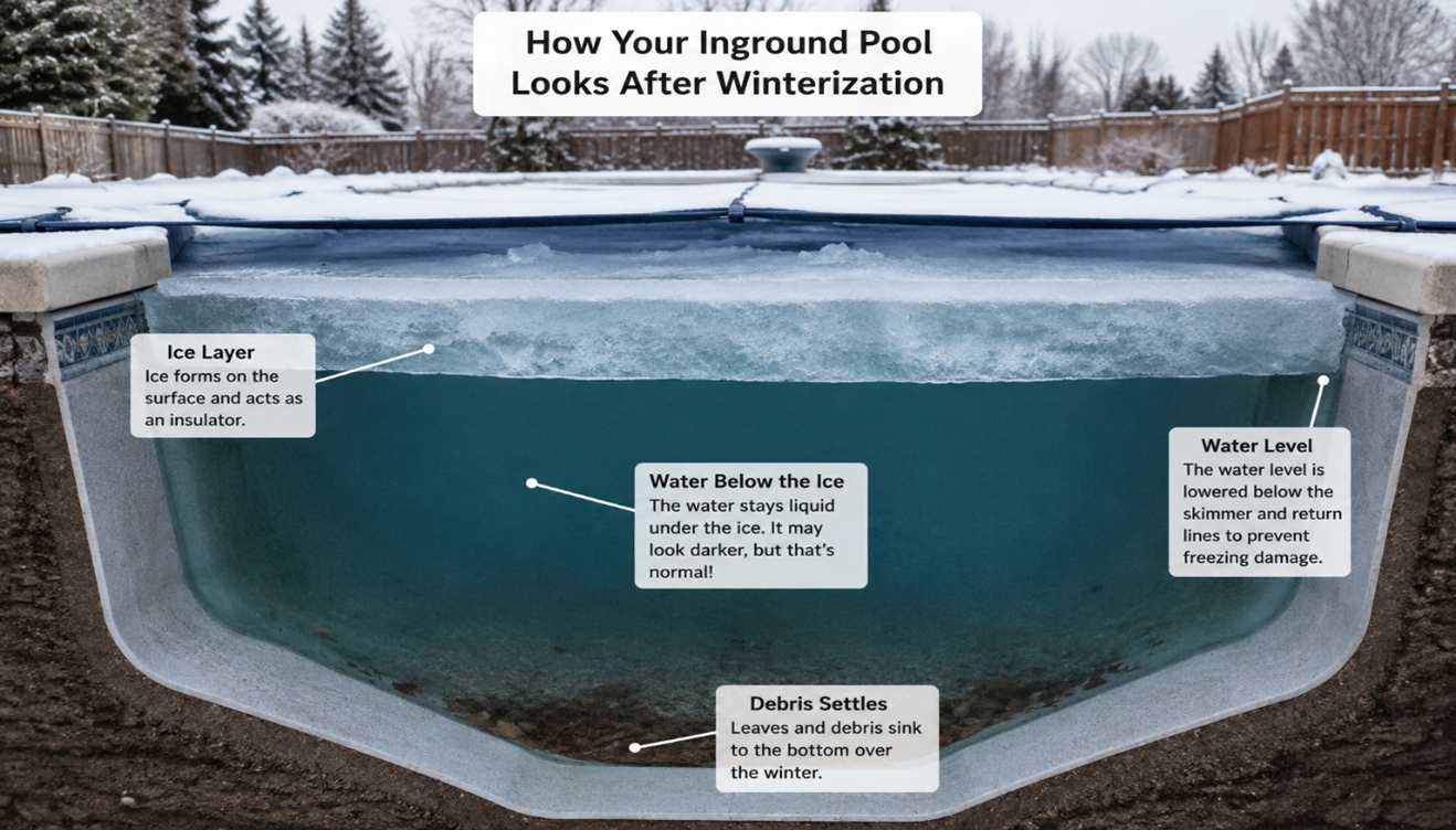 a bisected view of an inground pool. the top layer is frozen and there is snow on top of the winter cover. there are labels pointing to debris on the bottom that has settles, the ice layer, water under the ice, and the water level, which has been lowered below the skimmer to prevent freezing inside the return line.