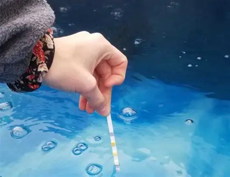 a photo of a persons hand dipping a test strip into their pool water to check chemistry levels