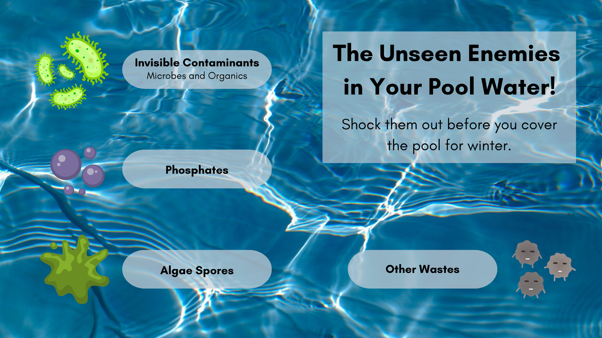 a photo with blue pool water as the background, with cartoon graphics of different contaminants such as organics, phosphates, algae, and other wastes, labeled. a title on the upper righ hand side reads "the unseen enemies in your pool water!" with the subtitle "shock them out before you cover your pool for winter."