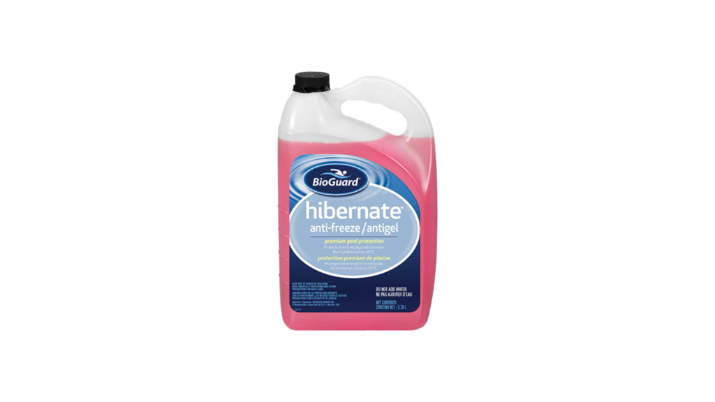 a photo with an all white background of a jug of bioguard hibernate anti-freeze. the 3.78l jug is clear plastic with a handle on the top right, and a black cap. the liquid inside is pinkish in colour.