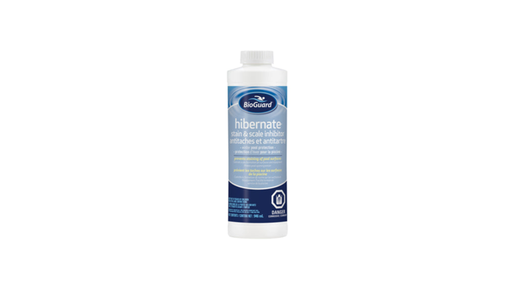a photo with an all white background of a bottle of bioguard hibernate stain & scale inhibitor. the 946ml bottle of stain & scale inhibitor is white with a blue label and a screw top lid.