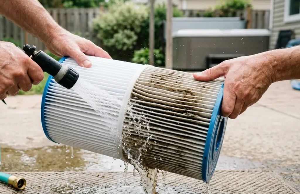 a photo of two sets of hands holding a hot tub filter while on of them rinses it off with the hose. half of the filter is clean and white, and the other half is very dirty.