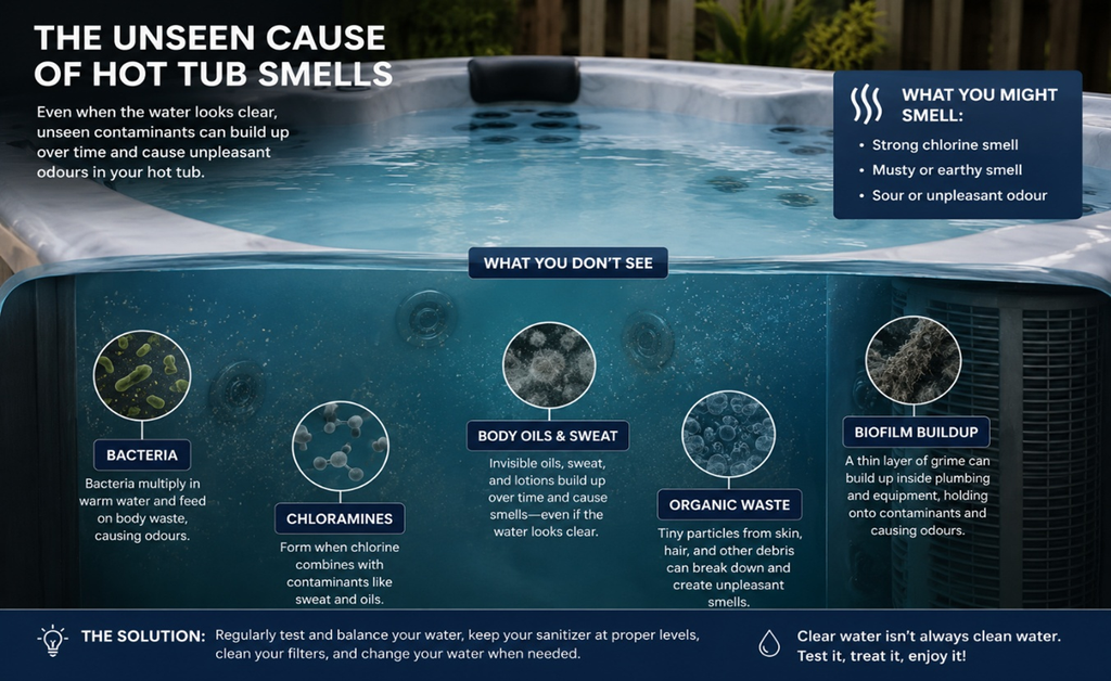 a informative graphic detailing different causes of smells in hot tubs, including bacteria, chloramines, body oil and lotions, organic wastes, and biofilm buildup. the background is a photo of a hot tub with blueish water.
